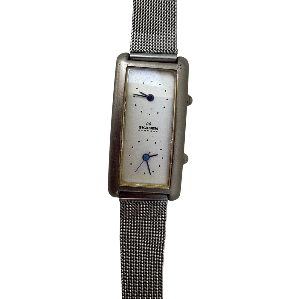 Skagen Denmark Dual Time Zone Silver Mesh Watch Women White Dial Rectangular